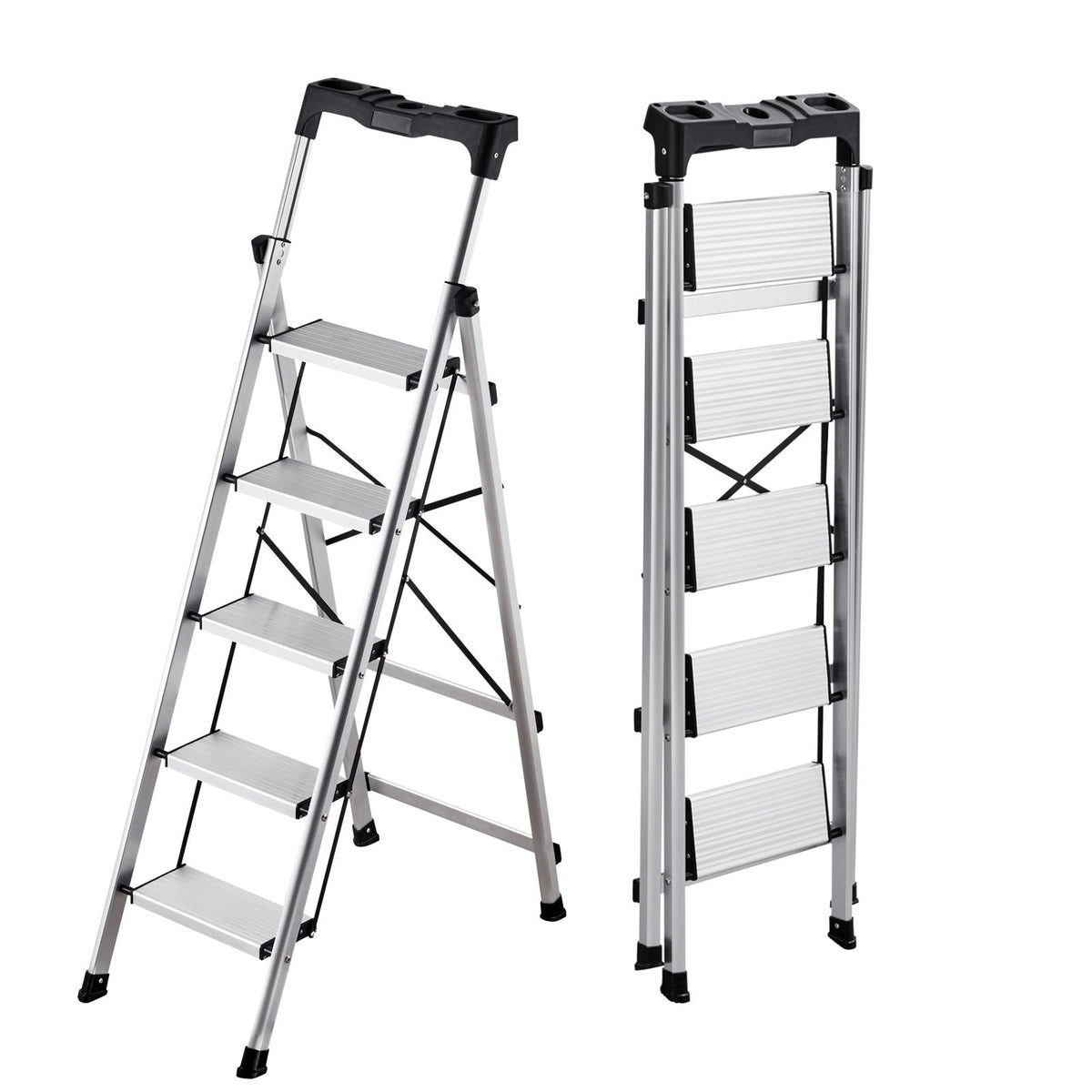 5 Step Ladder, Folding Step Stool with Wide Anti-Slip Pedal and Comfort Handgrip, 330 lbs Capacity Portable Aluminum Stepladder, Multi-Use for Kitchen, Warehouse, Household and Office, Silver