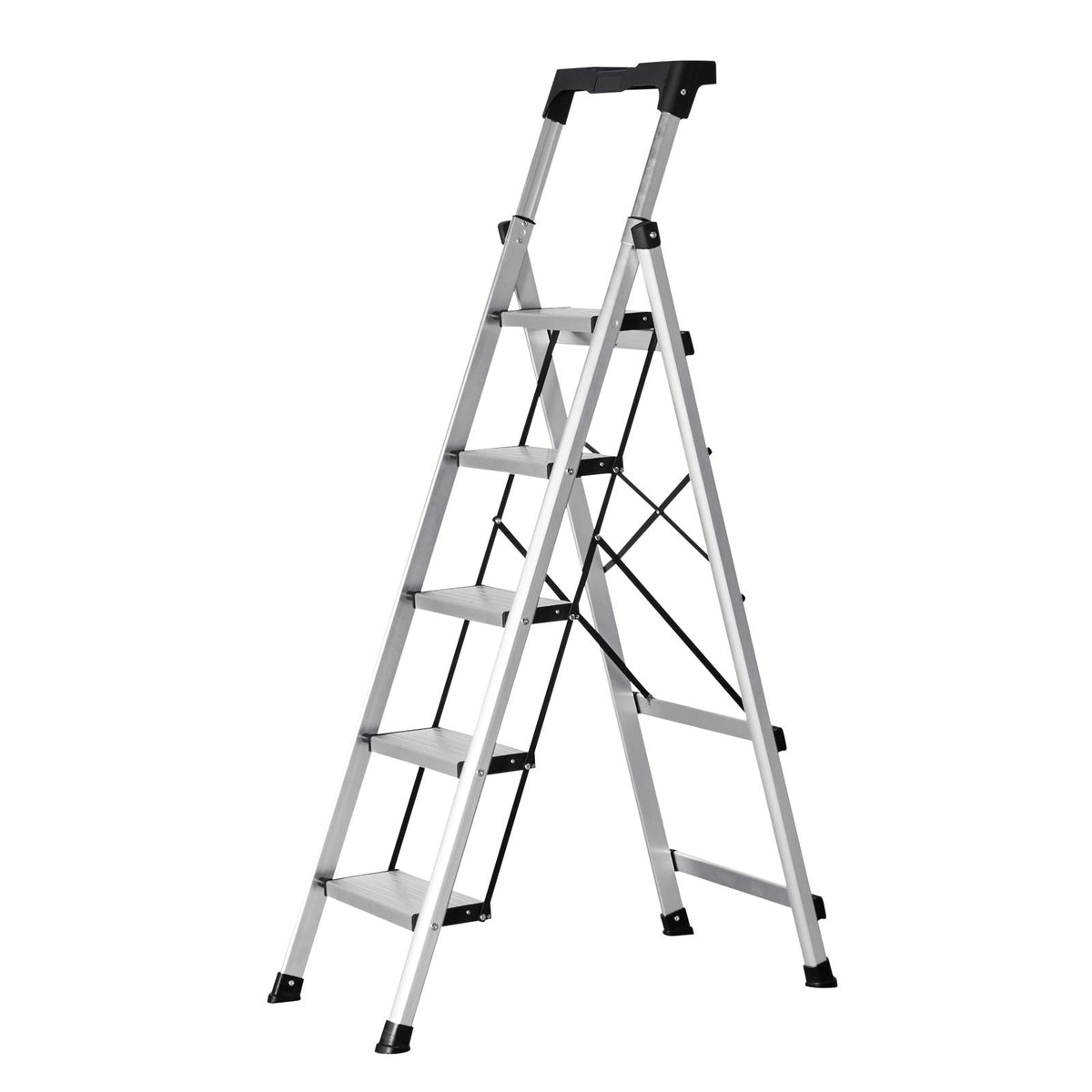 5 Step Ladder, Folding Step Stool with Wide Anti-Slip Pedal and Comfort Handgrip, 330 lbs Capacity Portable Aluminum Stepladder, Multi-Use for Kitchen, Warehouse, Household and Office, Silver