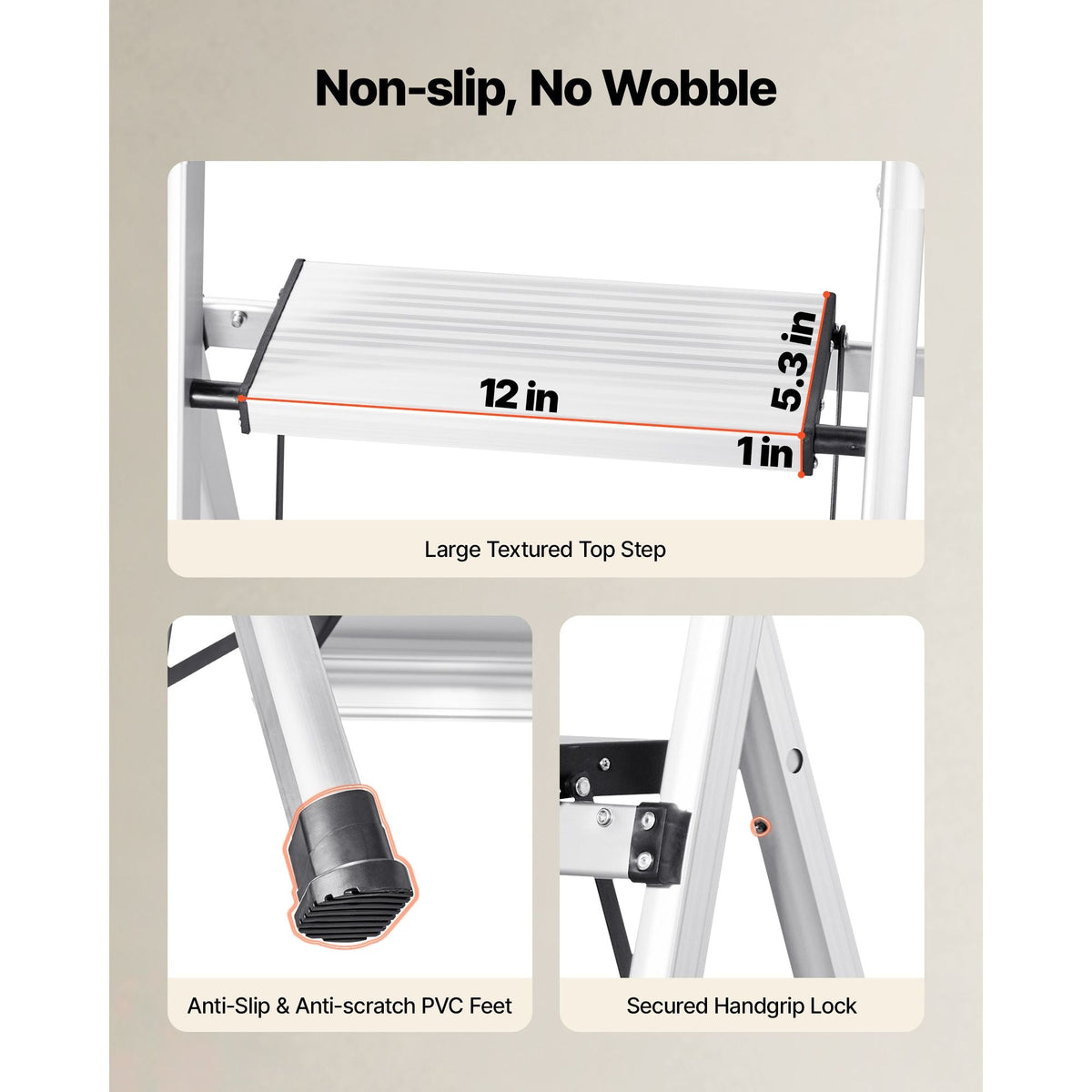 5 Step Ladder, Folding Step Stool with Wide Anti-Slip Pedal and Comfort Handgrip, 330 lbs Capacity Portable Aluminum Stepladder, Multi-Use for Kitchen, Warehouse, Household and Office, Silver