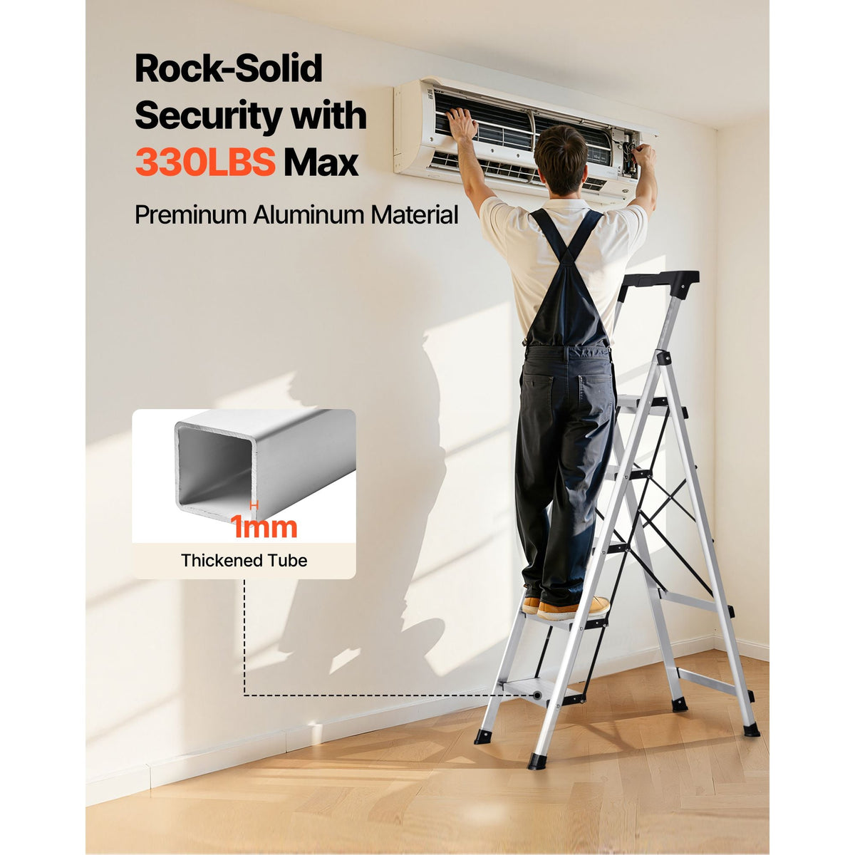 5 Step Ladder, Folding Step Stool with Wide Anti-Slip Pedal and Comfort Handgrip, 330 lbs Capacity Portable Aluminum Stepladder, Multi-Use for Kitchen, Warehouse, Household and Office, Silver