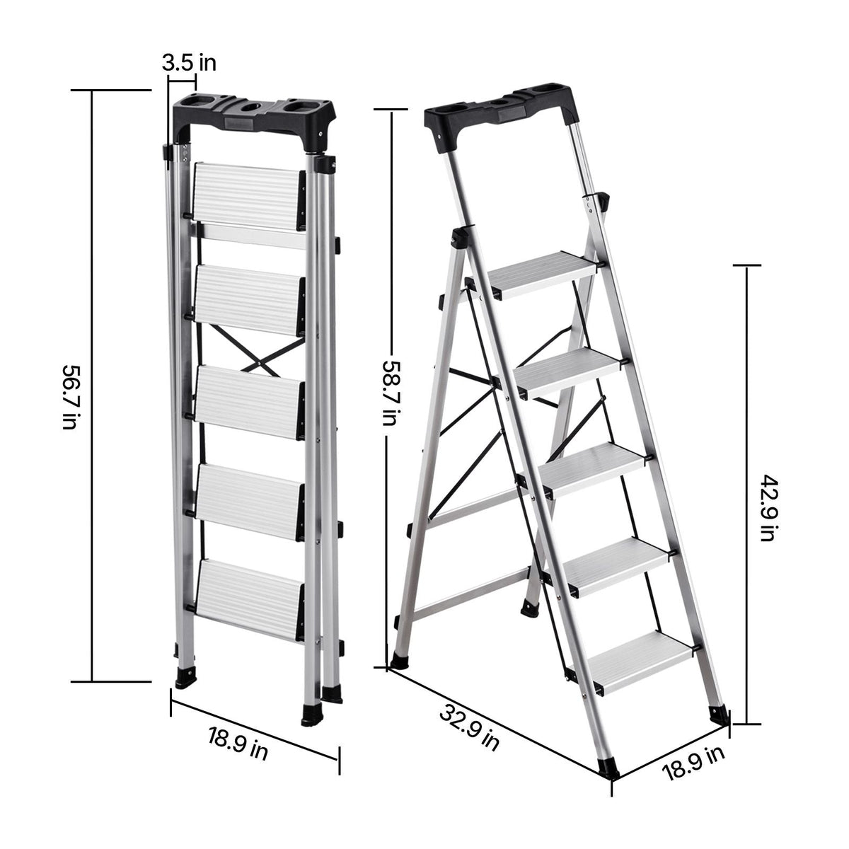 5 Step Ladder, Folding Step Stool with Wide Anti-Slip Pedal and Comfort Handgrip, 330 lbs Capacity Portable Aluminum Stepladder, Multi-Use for Kitchen, Warehouse, Household and Office, Silver