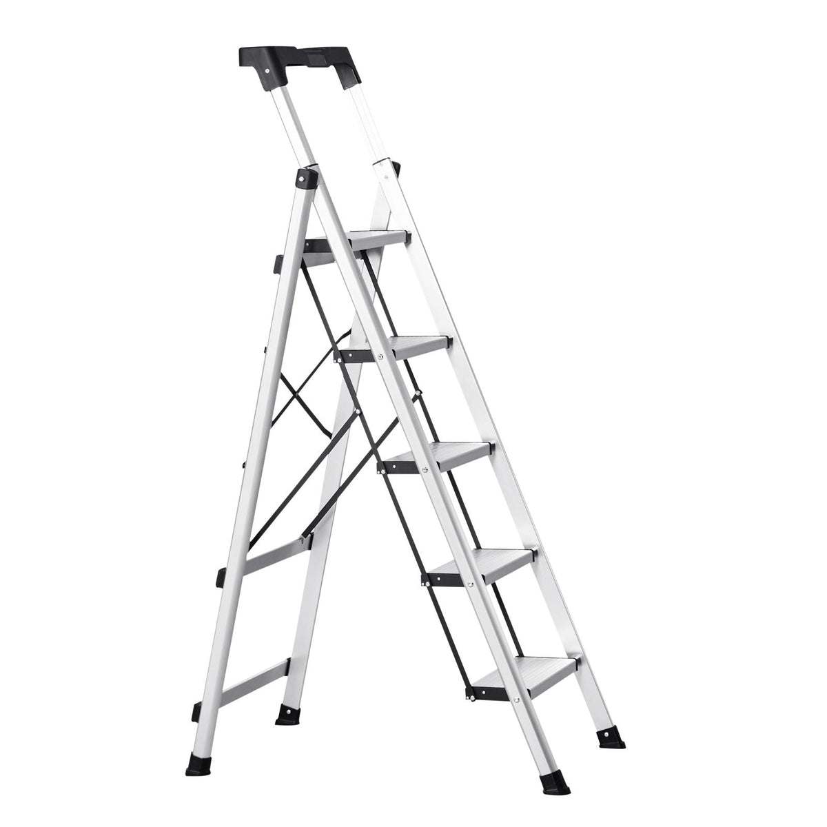 5 Step Ladder, Folding Step Stool with Wide Anti-Slip Pedal and Comfort Handgrip, 330 lbs Capacity Portable Aluminum Stepladder, Multi-Use for Kitchen, Warehouse, Household and Office, Silver