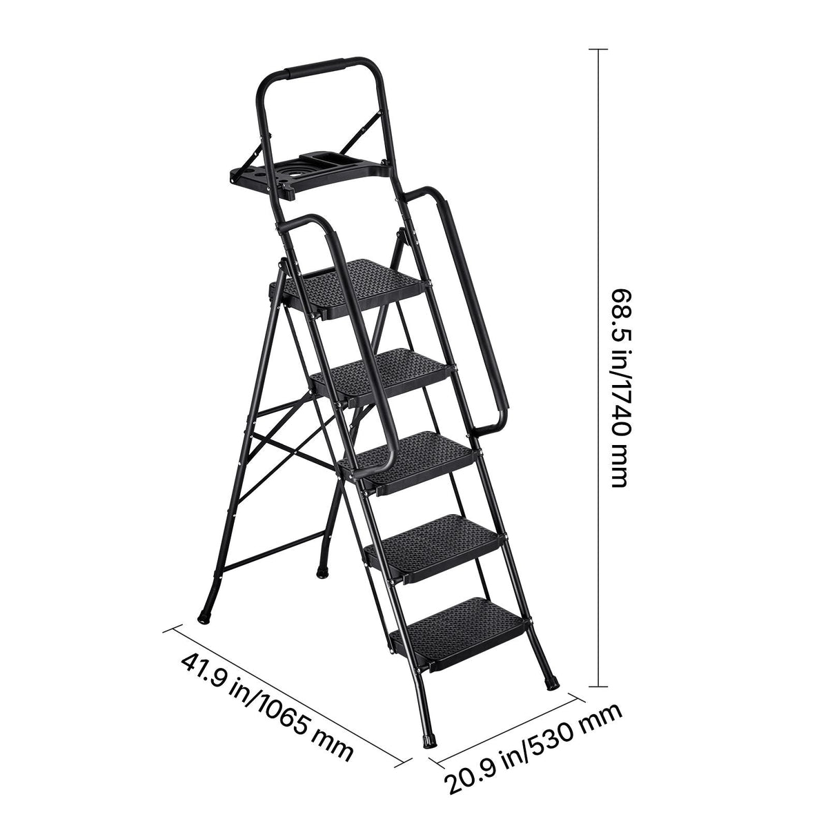 5 Step Ladder, Folding Step Stool with Wide Anti-Slip Pedal, Tool Tray, Dual Side Handrails, 600 lbs Capacity Portable Steel Ladder, Multi-Use for Kitchen, Home, Household and Office, Black