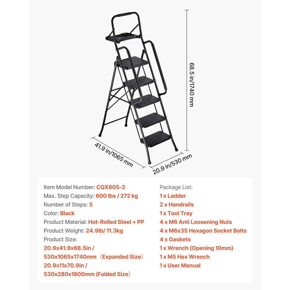 5 Step Ladder, Folding Step Stool with Wide Anti-Slip Pedal, Tool Tray, Dual Side Handrails, 600 lbs Capacity Portable Steel Ladder, Multi-Use for Kitchen, Home, Household and Office, Black