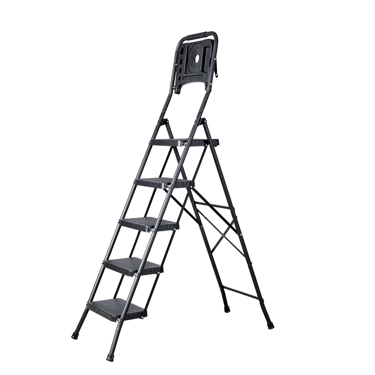 5 Step Ladder, Folding Step Stool with Wide Anti-Slip Pedal, Tool Tray, Dual Side Handrails, 600 lbs Capacity Portable Steel Ladder, Multi-Use for Kitchen, Home, Household and Office, Black