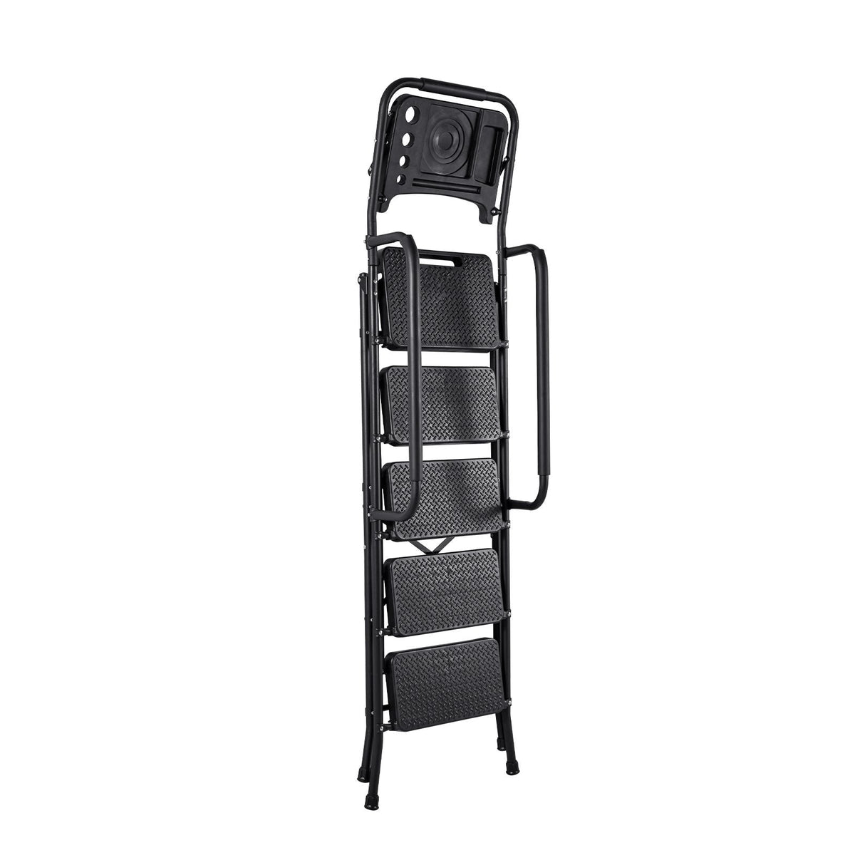 5 Step Ladder, Folding Step Stool with Wide Anti-Slip Pedal, Tool Tray, Dual Side Handrails, 600 lbs Capacity Portable Steel Ladder, Multi-Use for Kitchen, Home, Household and Office, Black