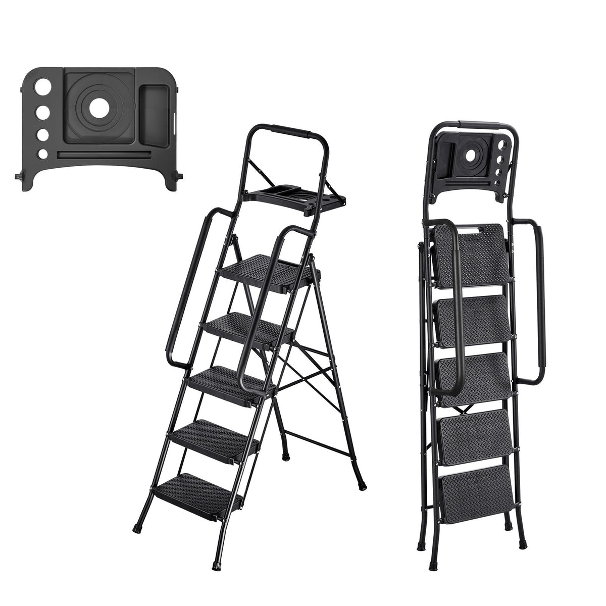 5 Step Ladder, Folding Step Stool with Wide Anti-Slip Pedal, Tool Tray, Dual Side Handrails, 600 lbs Capacity Portable Steel Ladder, Multi-Use for Kitchen, Home, Household and Office, Black