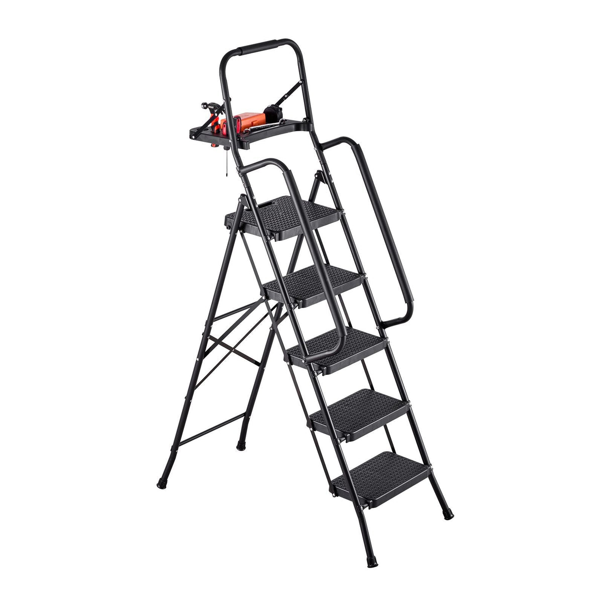 5 Step Ladder, Folding Step Stool with Wide Anti-Slip Pedal, Tool Tray, Dual Side Handrails, 600 lbs Capacity Portable Steel Ladder, Multi-Use for Kitchen, Home, Household and Office, Black