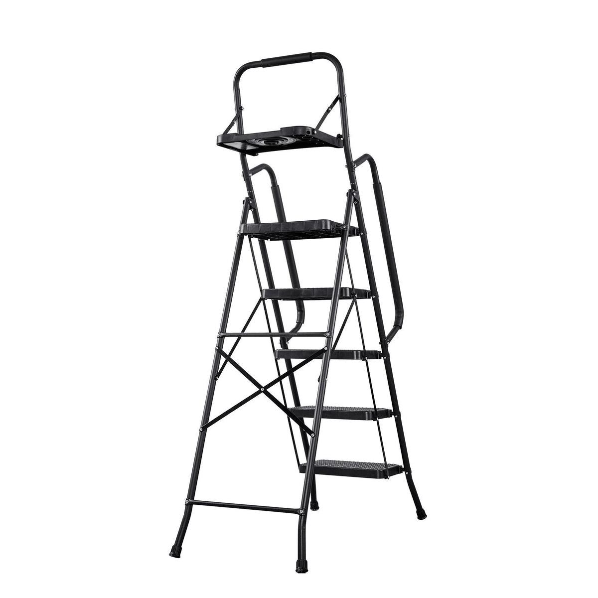 5 Step Ladder, Folding Step Stool with Wide Anti-Slip Pedal, Tool Tray, Dual Side Handrails, 600 lbs Capacity Portable Steel Ladder, Multi-Use for Kitchen, Home, Household and Office, Black