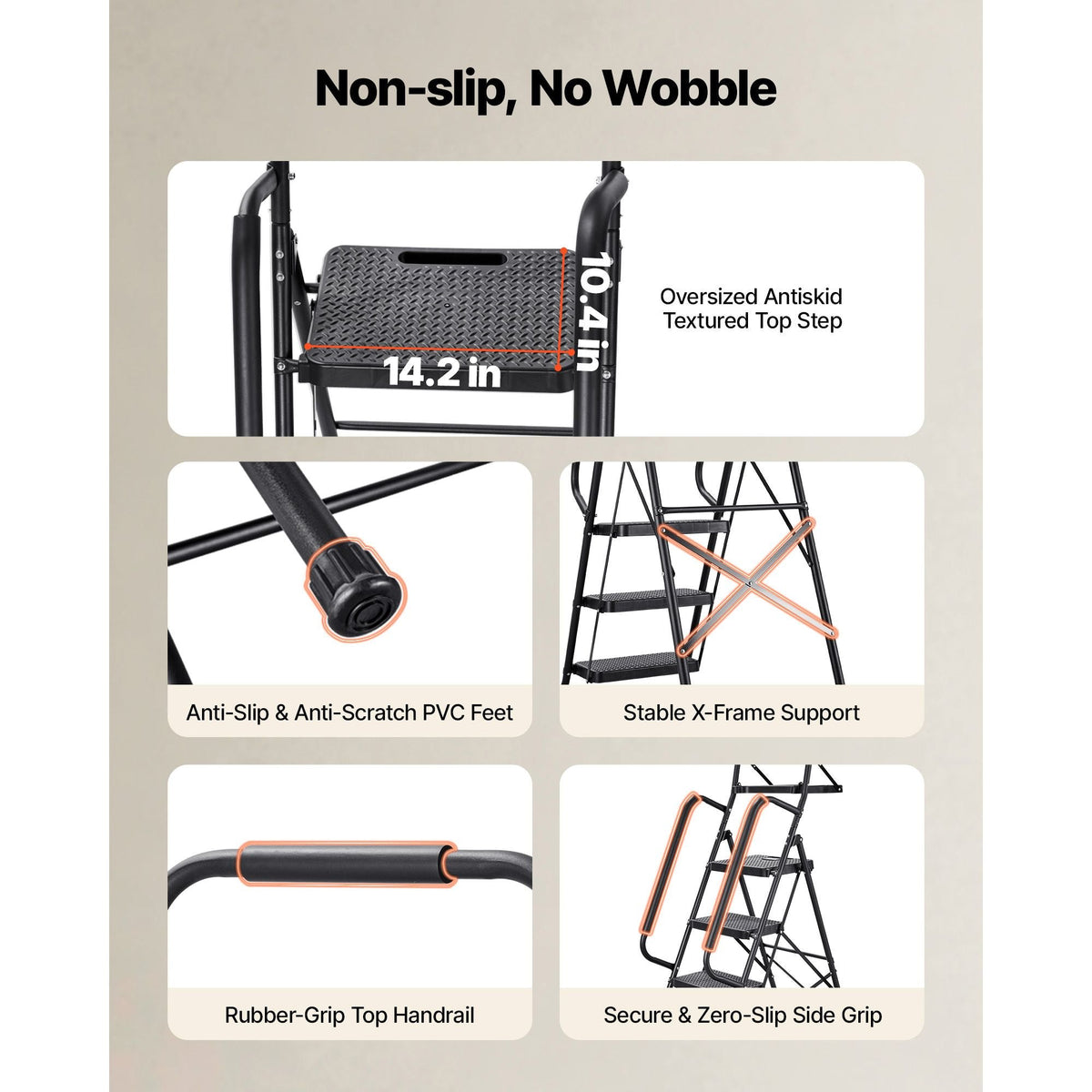5 Step Ladder, Folding Step Stool with Wide Anti-Slip Pedal, Tool Tray, Dual Side Handrails, 600 lbs Capacity Portable Steel Ladder, Multi-Use for Kitchen, Home, Household and Office, Black