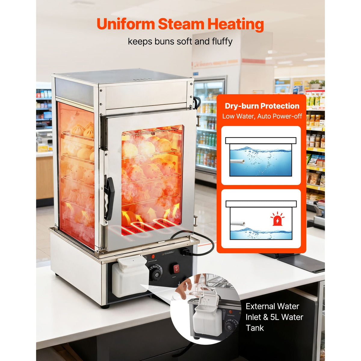 5-Tier Commercial Food Warmer Display, 1200W Food Display Warmer with LED Light, Adjustable Shelf & Stainless Steel Frame, 86-230 Fahrenheit Steam Heating, 120L for Hamburger, Pizza, Bread