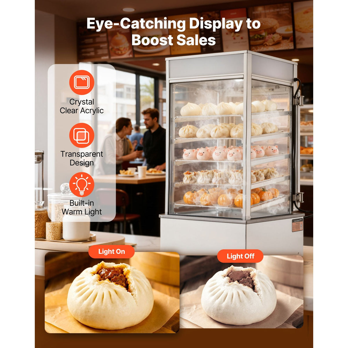 5-Tier Commercial Food Warmer Display, 1200W Food Display Warmer with LED Light, Adjustable Shelf & Stainless Steel Frame, 86-230 Fahrenheit Steam Heating, 120L for Hamburger, Pizza, Bread