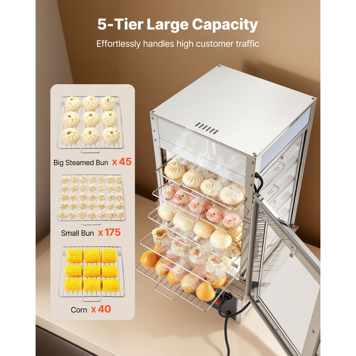 5-Tier Commercial Food Warmer Display, 1200W Food Display Warmer with LED Light, Adjustable Shelf & Stainless Steel Frame, 86-230 Fahrenheit Steam Heating, 120L for Hamburger, Pizza, Bread
