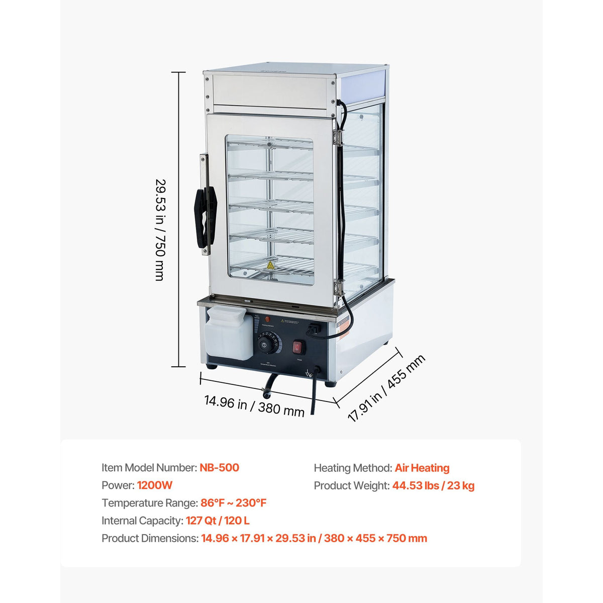 5-Tier Commercial Food Warmer Display, 1200W Food Display Warmer with LED Light, Adjustable Shelf & Stainless Steel Frame, 86-230 Fahrenheit Steam Heating, 120L for Hamburger, Pizza, Bread