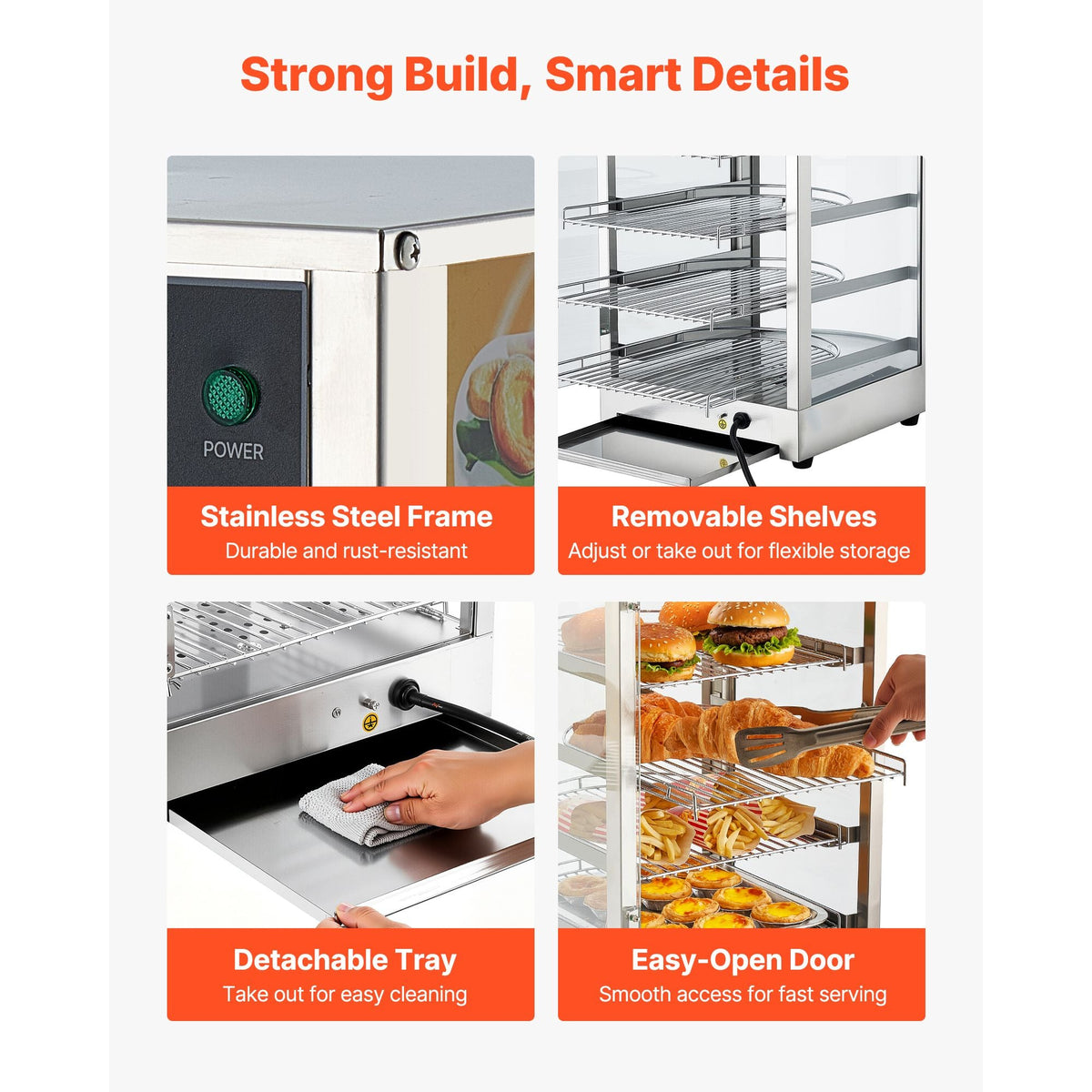 5-Tier Commercial Food Warmer Display, 800W Food Display Warmer with LED Light, Adjustable Shelf and Stainless Steel Frame, 86-185 F Air Heating, 60L for Hamburger, Pizza, Bread, Fried Chicken