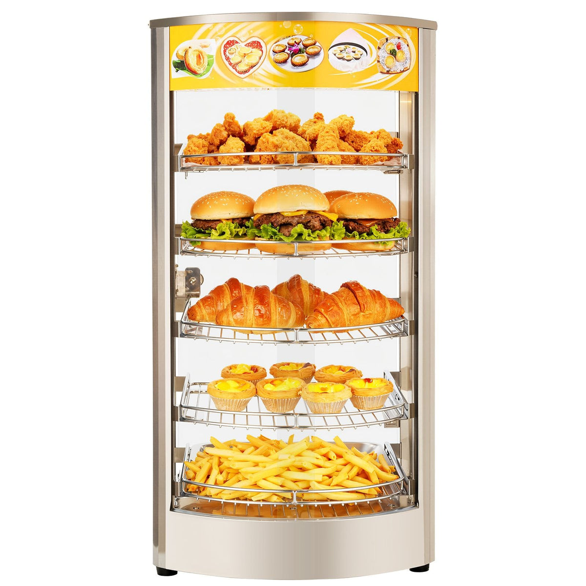 5-Tier Commercial Food Warmer Display, 800W Food Display Warmer with LED Light, Adjustable Shelf and Stainless Steel Frame, 86-185 F Air Heating, 60L for Hamburger, Pizza, Bread, Fried Chicken