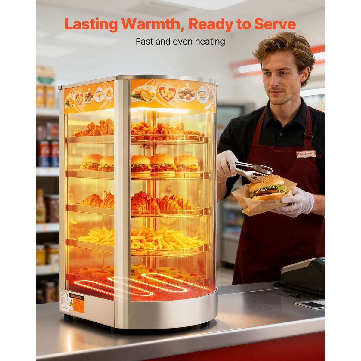 5-Tier Commercial Food Warmer Display, 800W Food Display Warmer with LED Light, Adjustable Shelf and Stainless Steel Frame, 86-185 F Air Heating, 60L for Hamburger, Pizza, Bread, Fried Chicken