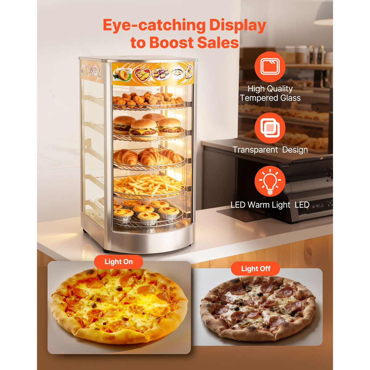 5-Tier Commercial Food Warmer Display, 800W Food Display Warmer with LED Light, Adjustable Shelf and Stainless Steel Frame, 86-185 F Air Heating, 60L for Hamburger, Pizza, Bread, Fried Chicken