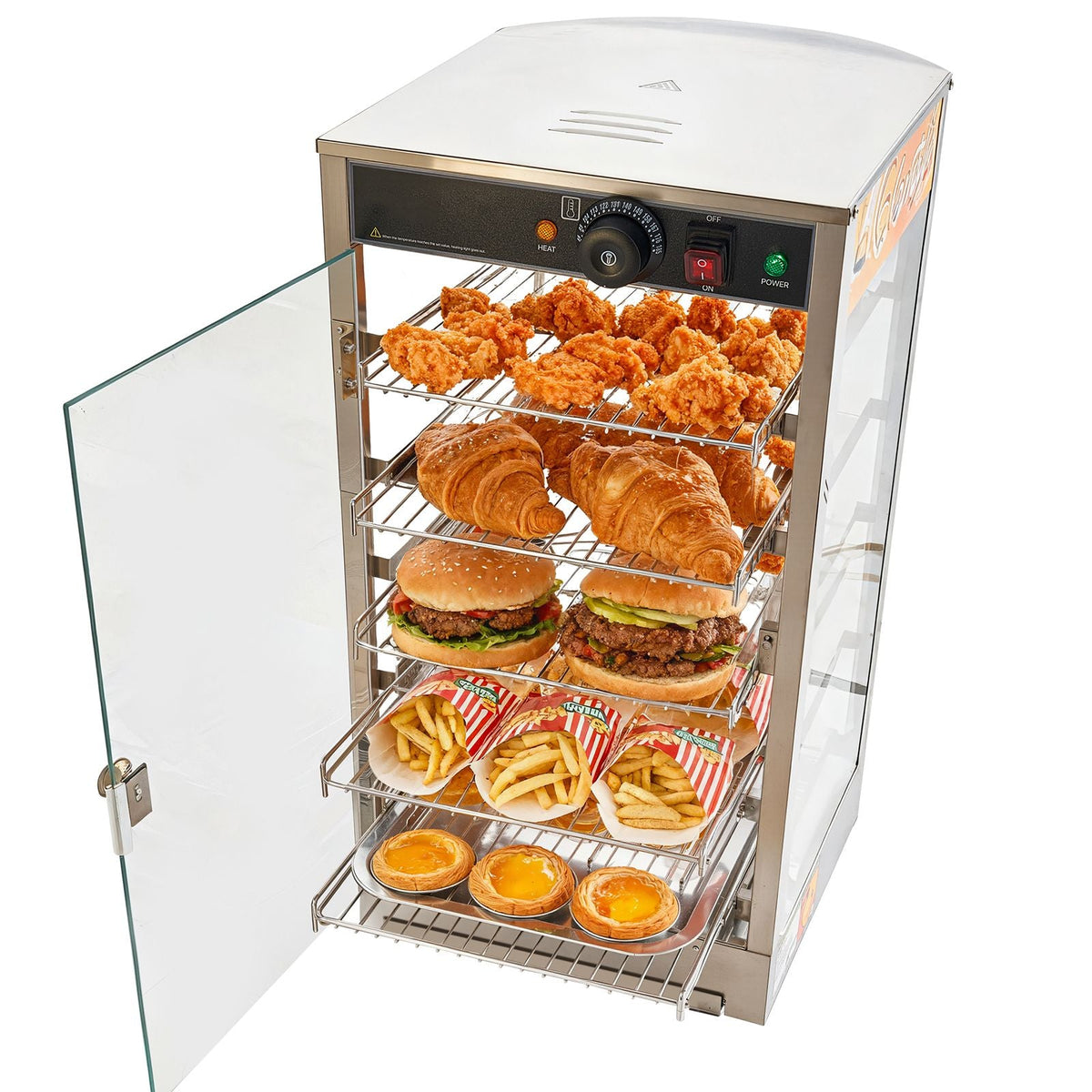 5-Tier Commercial Food Warmer Display, 800W Food Display Warmer with LED Light, Adjustable Shelf and Stainless Steel Frame, 86-185 F Air Heating, 60L for Hamburger, Pizza, Bread, Fried Chicken