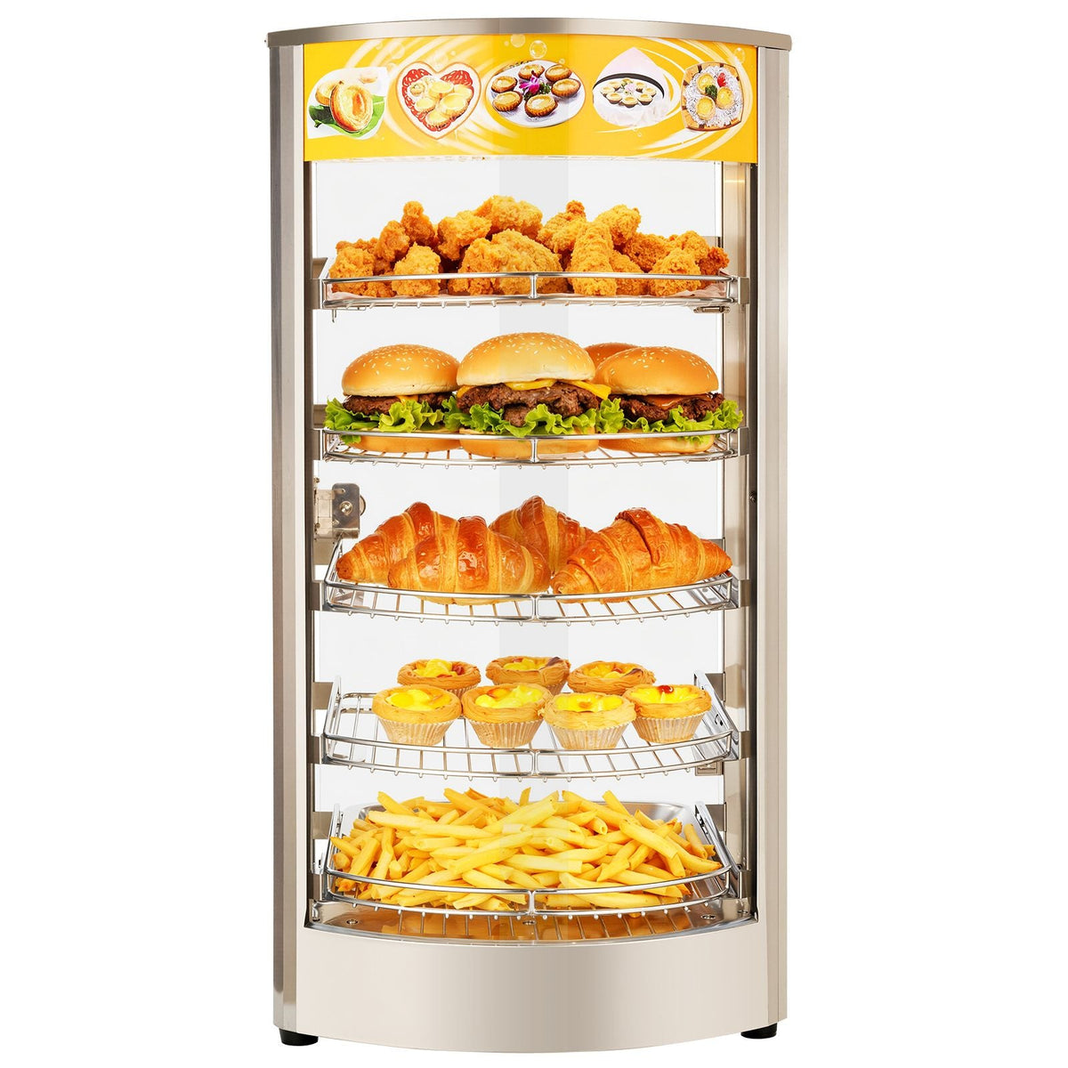 5-Tier Commercial Food Warmer Display, 800W Food Display Warmer with LED Light, Adjustable Shelf and Stainless Steel Frame, 86-185 F Air Heating, 60L for Hamburger, Pizza, Bread, Fried Chicken