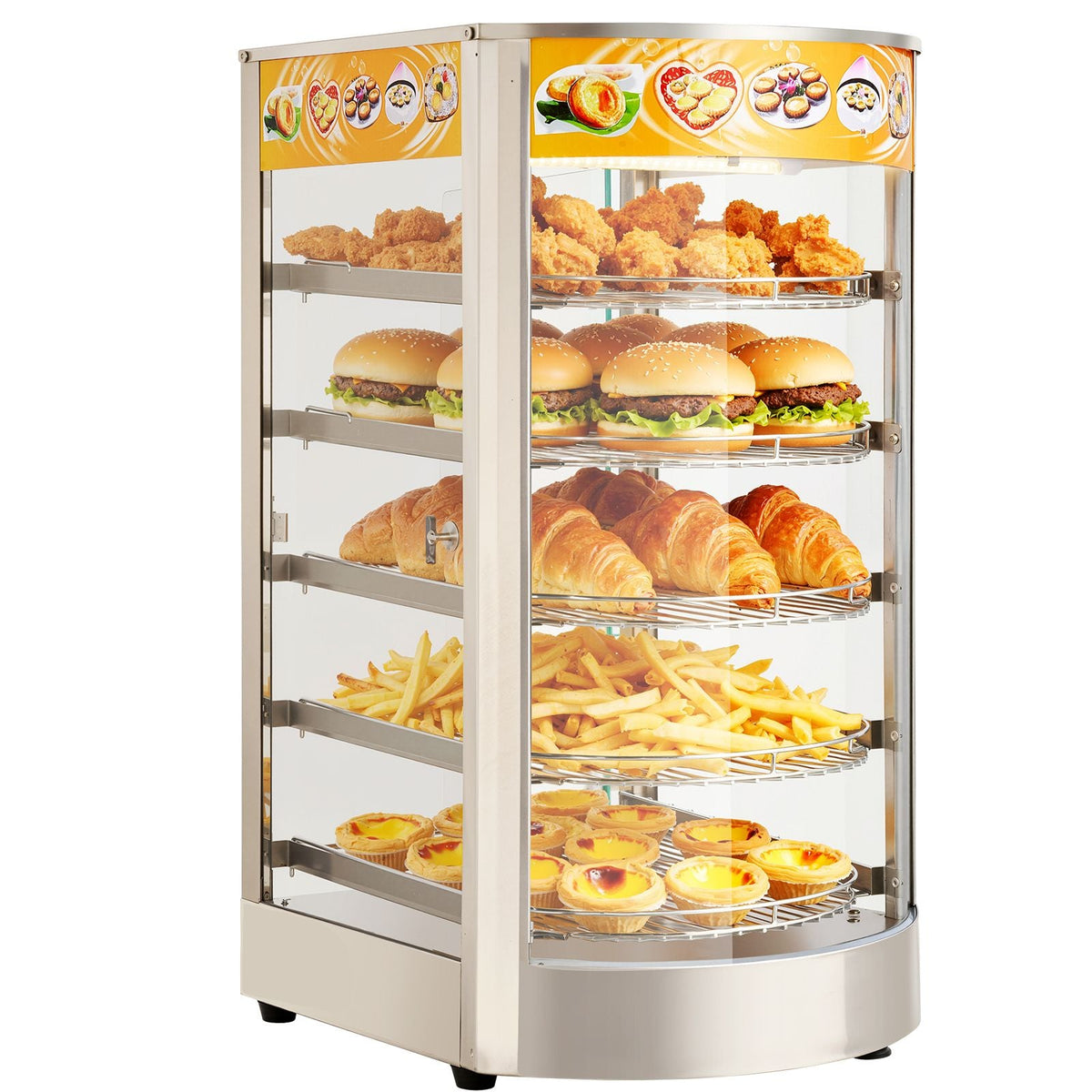 5-Tier Commercial Food Warmer Display, 800W Food Display Warmer with LED Light, Adjustable Shelf and Stainless Steel Frame, 86-185 F Air Heating, 60L for Hamburger, Pizza, Bread, Fried Chicken