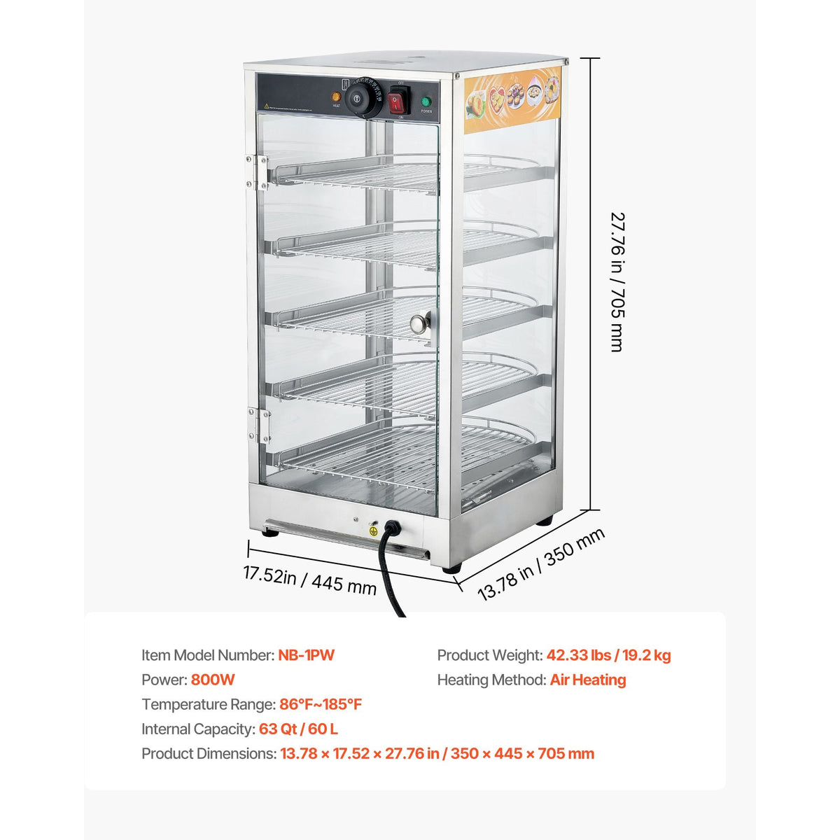5-Tier Commercial Food Warmer Display, 800W Food Display Warmer with LED Light, Adjustable Shelf and Stainless Steel Frame, 86-185 F Air Heating, 60L for Hamburger, Pizza, Bread, Fried Chicken