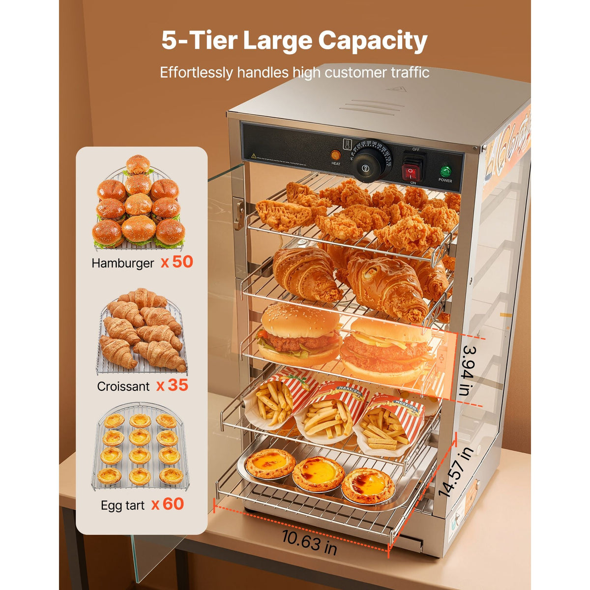 5-Tier Commercial Food Warmer Display, 800W Food Display Warmer with LED Light, Adjustable Shelf and Stainless Steel Frame, 86-185 F Air Heating, 60L for Hamburger, Pizza, Bread, Fried Chicken