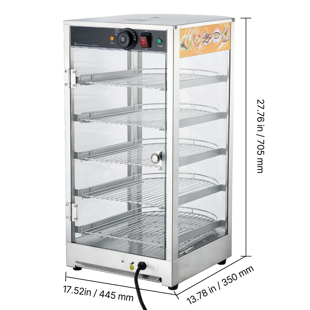 5-Tier Commercial Food Warmer Display, 800W Food Display Warmer with LED Light, Adjustable Shelf and Stainless Steel Frame, 86-185 F Air Heating, 60L for Hamburger, Pizza, Bread, Fried Chicken