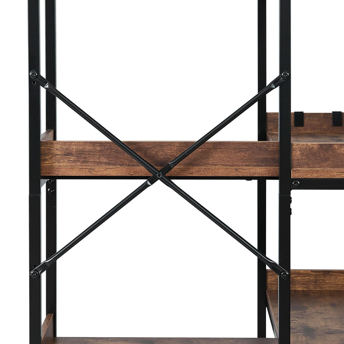 5 Tier Corner Bookshelf with 4 Hooks, 65.4" Tall Corner Bookcase with Heavy Duty Metal Frame & Wooden Shelves, Industrial L Shaped Corner Display Shelf for Bedroom, Living Room, Office