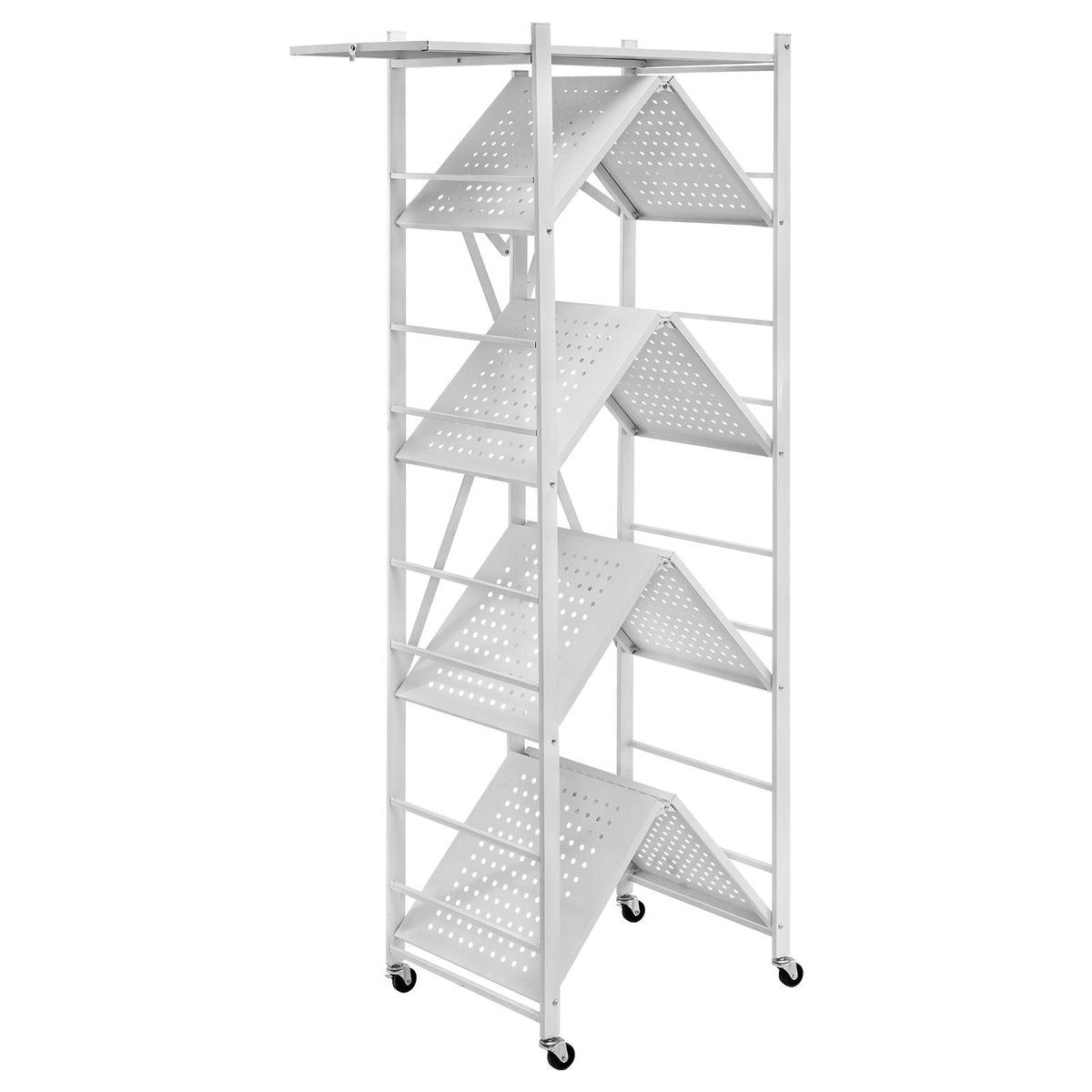 5-Tier Foldable Storage Shelf, 28 W x 15D x 64H Inch Folding Metal Rack Shelving Unit, No Assembly Organizer Shelf with 5 Wheels & 4 Hooks for Pantry, Kitchen, Garage, Basement, White