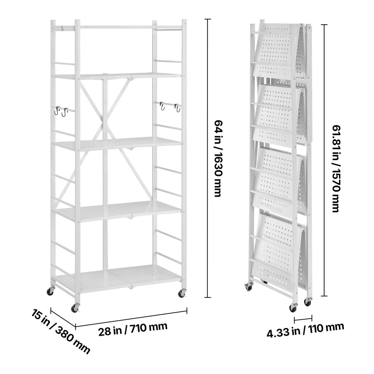 5-Tier Foldable Storage Shelf, 28 W x 15D x 64H Inch Folding Metal Rack Shelving Unit, No Assembly Organizer Shelf with 5 Wheels & 4 Hooks for Pantry, Kitchen, Garage, Basement, White