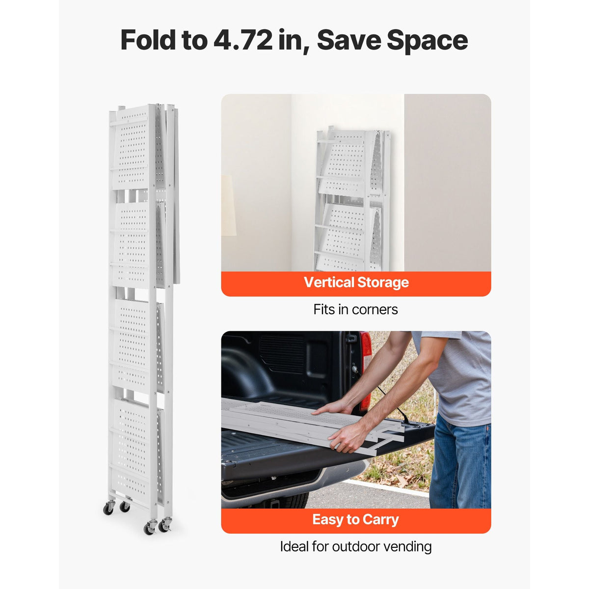 5-Tier Foldable Storage Shelf, 28 W x 15D x 64H Inch Folding Metal Rack Shelving Unit, No Assembly Organizer Shelf with 5 Wheels & 4 Hooks for Pantry, Kitchen, Garage, Basement, White