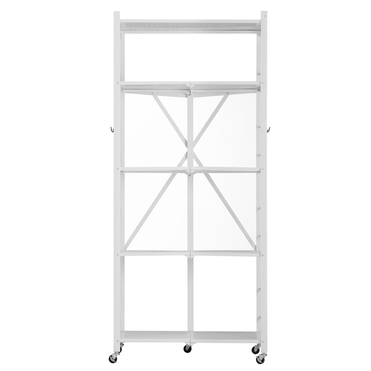 5-Tier Foldable Storage Shelf, 28 W x 15D x 64H Inch Folding Metal Rack Shelving Unit, No Assembly Organizer Shelf with 5 Wheels & 4 Hooks for Pantry, Kitchen, Garage, Basement, White