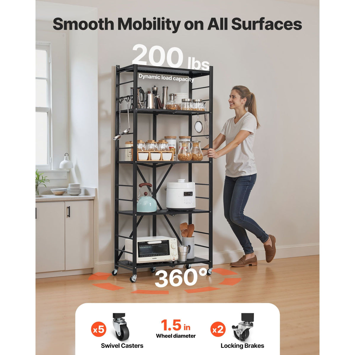 5-Tier Foldable Storage Shelf, 28W x 13D x 66H Inch Folding Metal Rack Shelving Unit, No Assembly Organizer Shelf with 5 Wheels & 4 Hooks for Pantry, Kitchen, Garage, Basement, Black
