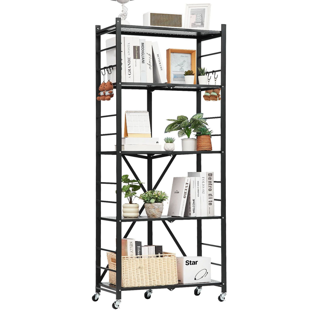 5-Tier Foldable Storage Shelf, 28W x 13D x 66H Inch Folding Metal Rack Shelving Unit, No Assembly Organizer Shelf with 5 Wheels & 4 Hooks for Pantry, Kitchen, Garage, Basement, Black