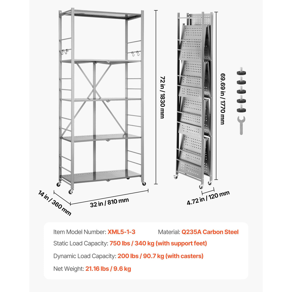 5-Tier Foldable Storage Shelf, 32W x 14D x 72H Inch Folding Metal Rack Shelving Unit, No Assembly Organizer Shelf with 5 Wheels & 4 Hooks for Pantry, Kitchen, Garage, Basement, Grey