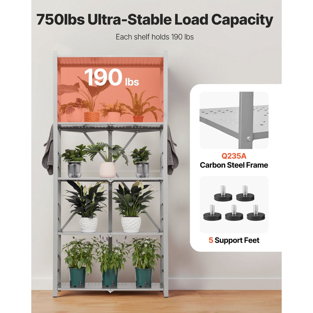 5-Tier Foldable Storage Shelf, 32W x 14D x 72H Inch Folding Metal Rack Shelving Unit, No Assembly Organizer Shelf with 5 Wheels & 4 Hooks for Pantry, Kitchen, Garage, Basement, Grey