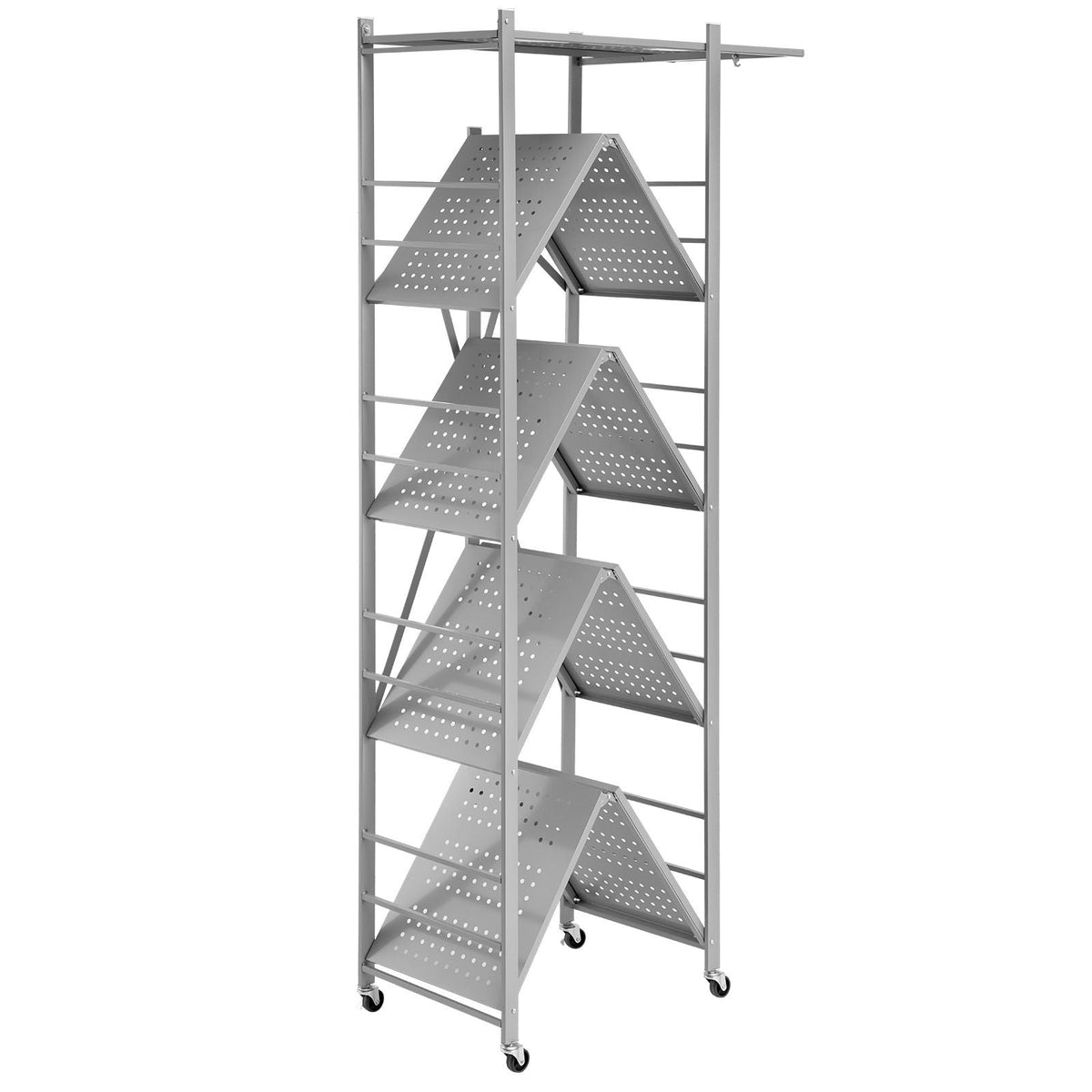 5-Tier Foldable Storage Shelf, 32W x 14D x 72H Inch Folding Metal Rack Shelving Unit, No Assembly Organizer Shelf with 5 Wheels & 4 Hooks for Pantry, Kitchen, Garage, Basement, Grey