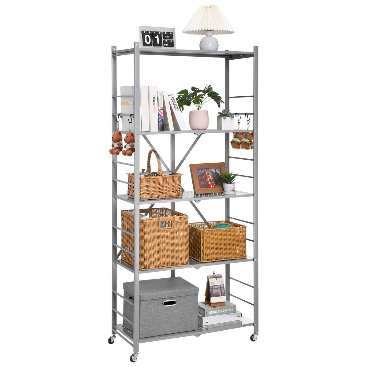 5-Tier Foldable Storage Shelf, 32W x 14D x 72H Inch Folding Metal Rack Shelving Unit, No Assembly Organizer Shelf with 5 Wheels & 4 Hooks for Pantry, Kitchen, Garage, Basement, Grey