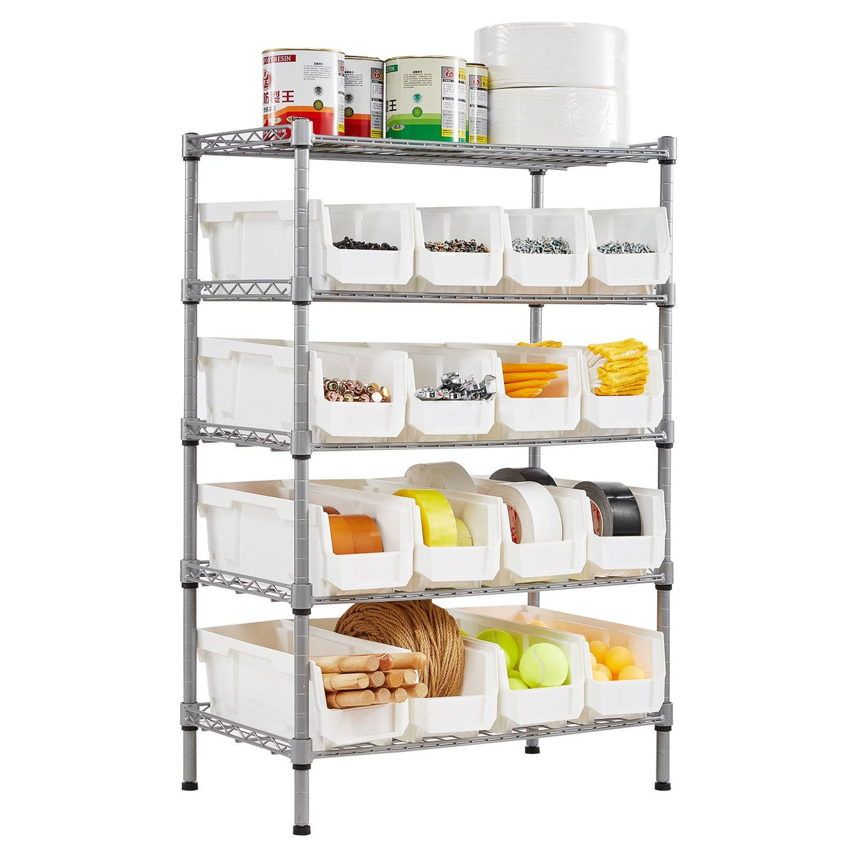 5-Tier Rolling Bin Storage Rack, 16 Organizer Bins, Bin Rack Storage Steel Wire Shelving System with Wheels, Mobile Tool Organizer for Garage, Warehouse, Office, Restaurant, Classroom, Kitchen