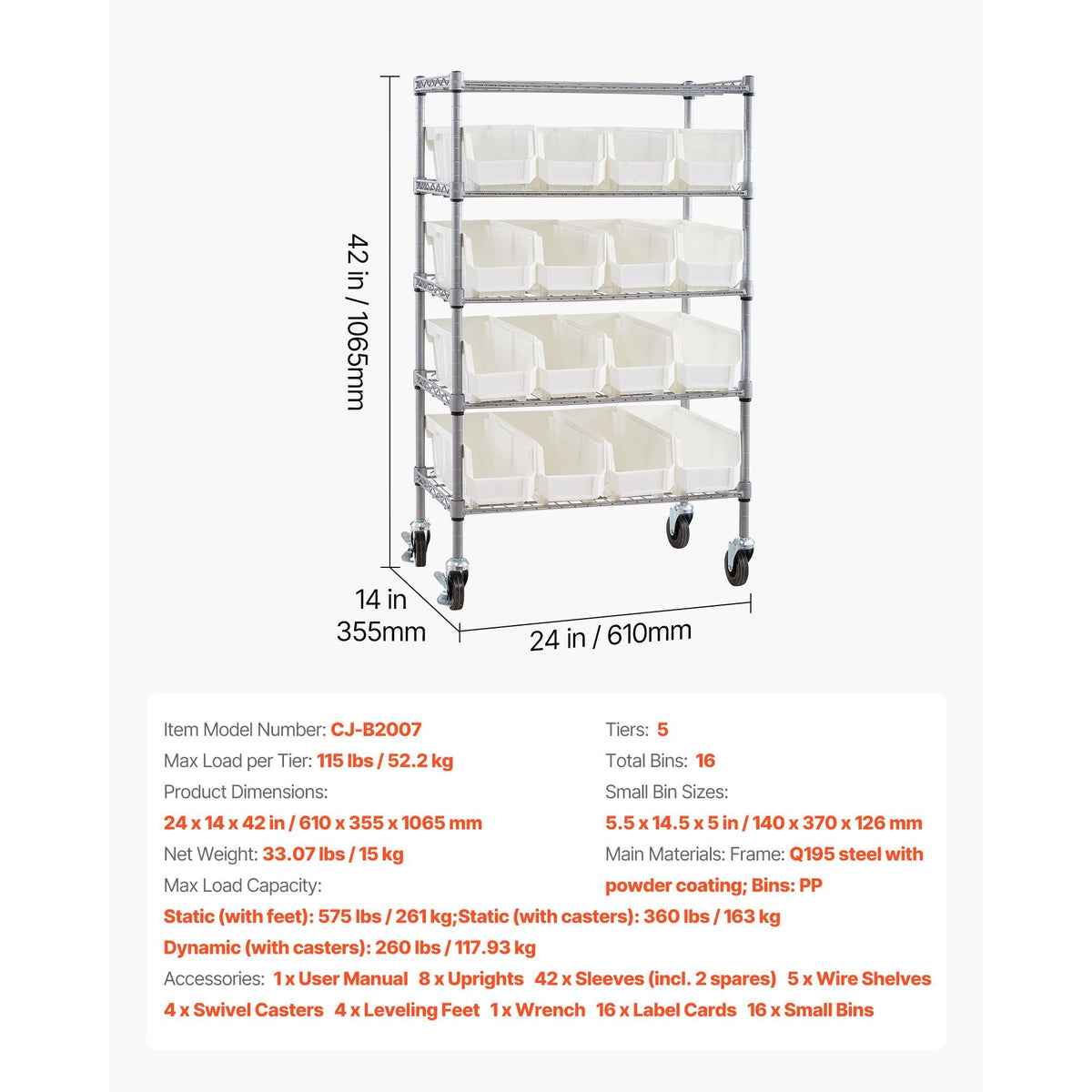 5-Tier Rolling Bin Storage Rack, 16 Organizer Bins, Bin Rack Storage Steel Wire Shelving System with Wheels, Mobile Tool Organizer for Garage, Warehouse, Office, Restaurant, Classroom, Kitchen
