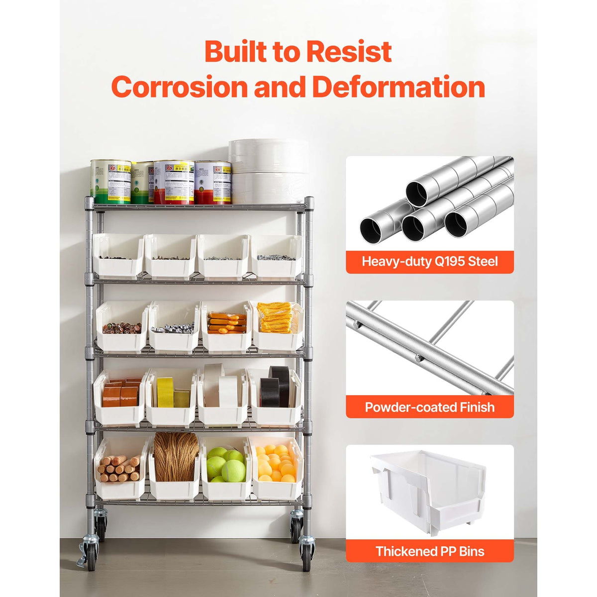 5-Tier Rolling Bin Storage Rack, 16 Organizer Bins, Bin Rack Storage Steel Wire Shelving System with Wheels, Mobile Tool Organizer for Garage, Warehouse, Office, Restaurant, Classroom, Kitchen