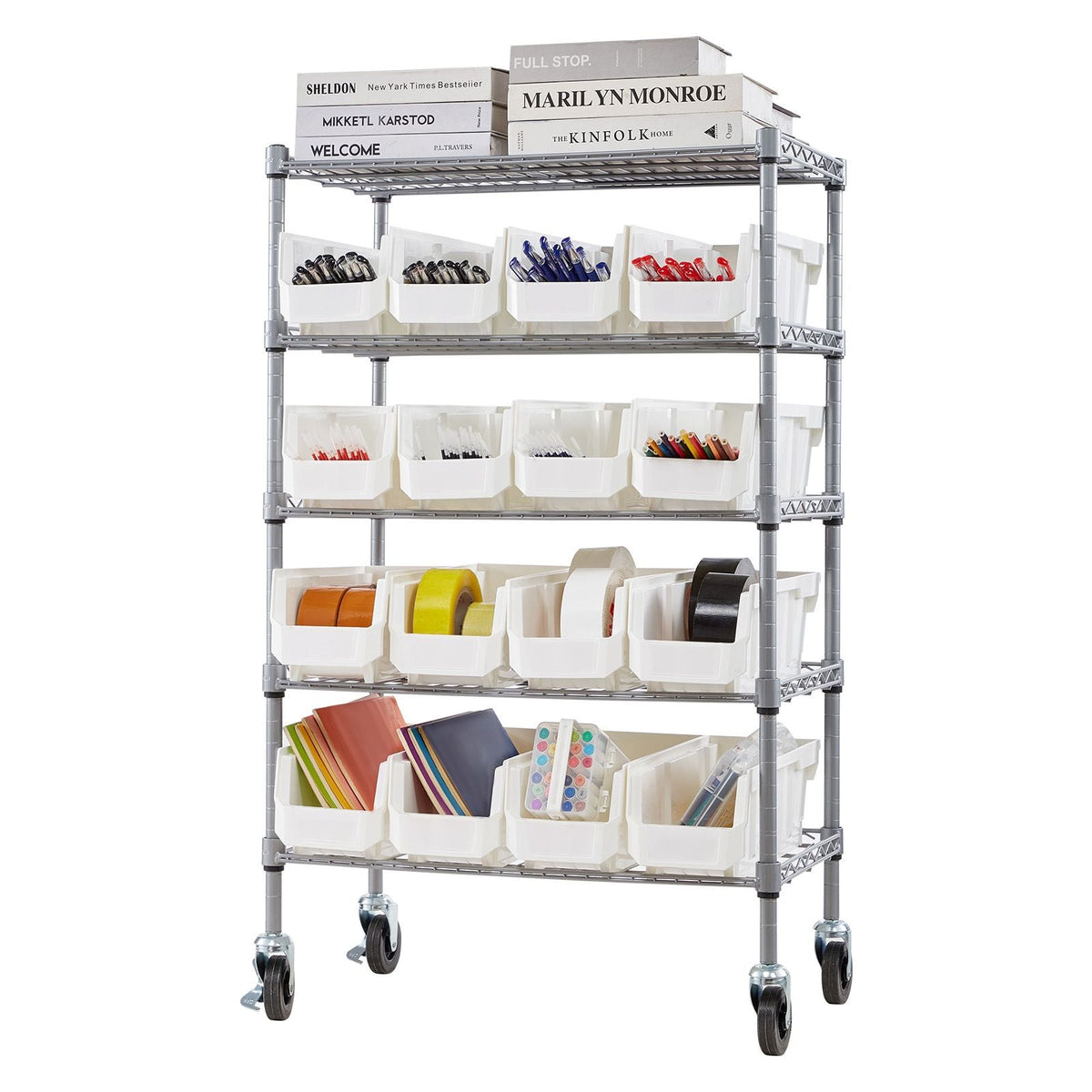 5-Tier Rolling Bin Storage Rack, 16 Organizer Bins, Bin Rack Storage Steel Wire Shelving System with Wheels, Mobile Tool Organizer for Garage, Warehouse, Office, Restaurant, Classroom, Kitchen
