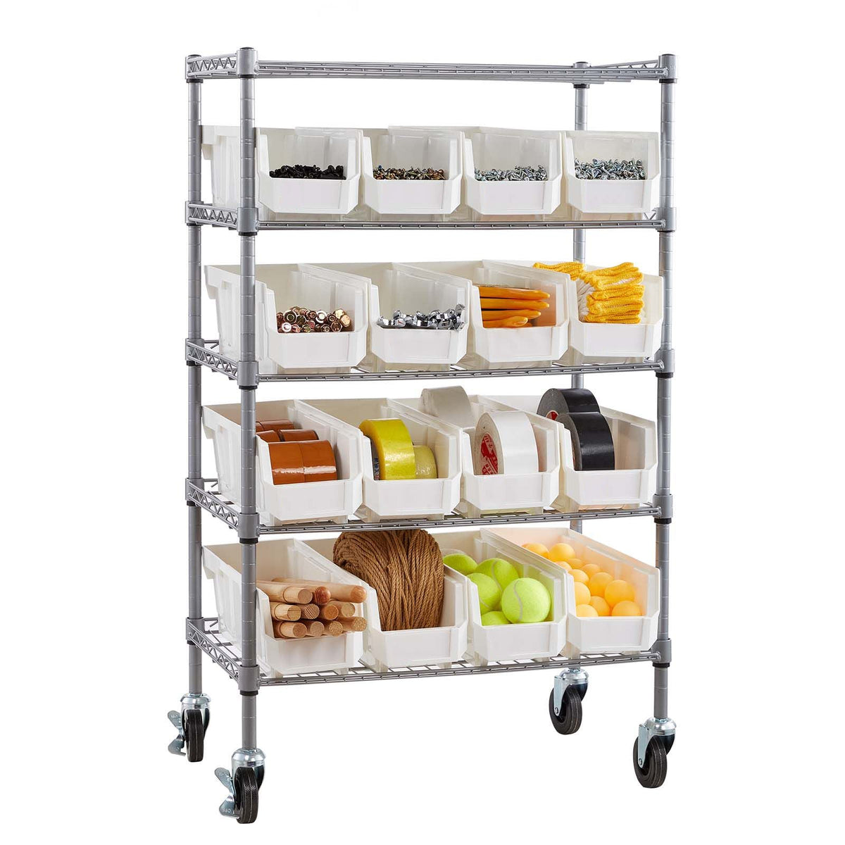 5-Tier Rolling Bin Storage Rack, 16 Organizer Bins, Bin Rack Storage Steel Wire Shelving System with Wheels, Mobile Tool Organizer for Garage, Warehouse, Office, Restaurant, Classroom, Kitchen