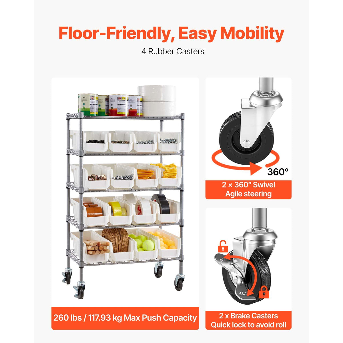 5-Tier Rolling Bin Storage Rack, 16 Organizer Bins, Bin Rack Storage Steel Wire Shelving System with Wheels, Mobile Tool Organizer for Garage, Warehouse, Office, Restaurant, Classroom, Kitchen