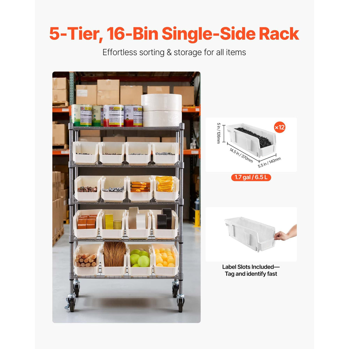 5-Tier Rolling Bin Storage Rack, 16 Organizer Bins, Bin Rack Storage Steel Wire Shelving System with Wheels, Mobile Tool Organizer for Garage, Warehouse, Office, Restaurant, Classroom, Kitchen