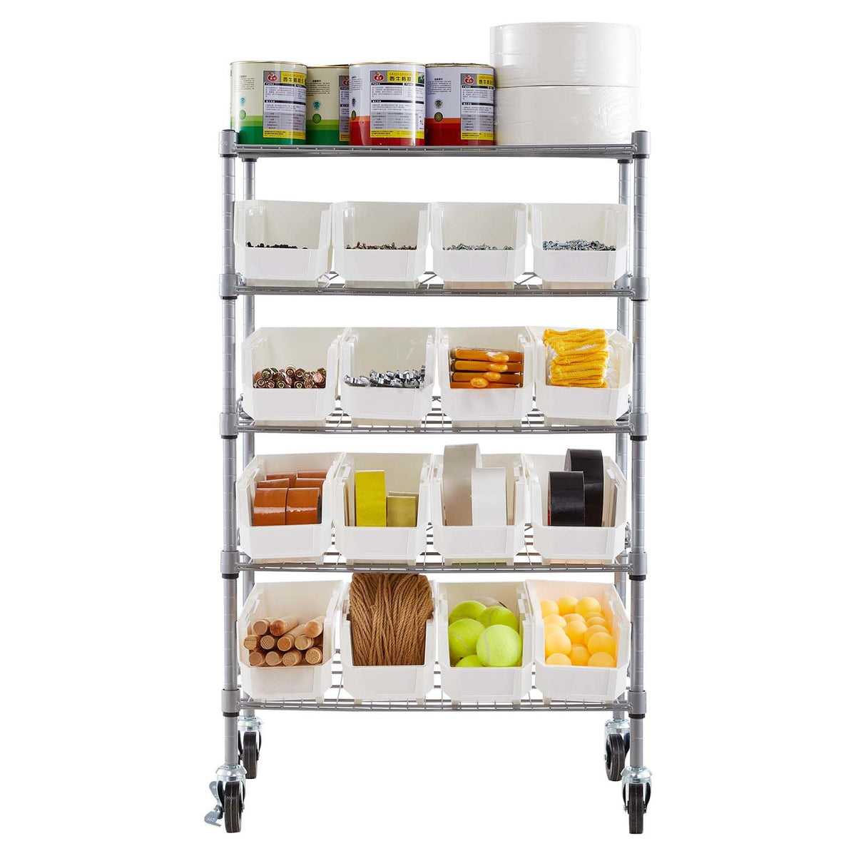 5-Tier Rolling Bin Storage Rack, 16 Organizer Bins, Bin Rack Storage Steel Wire Shelving System with Wheels, Mobile Tool Organizer for Garage, Warehouse, Office, Restaurant, Classroom, Kitchen
