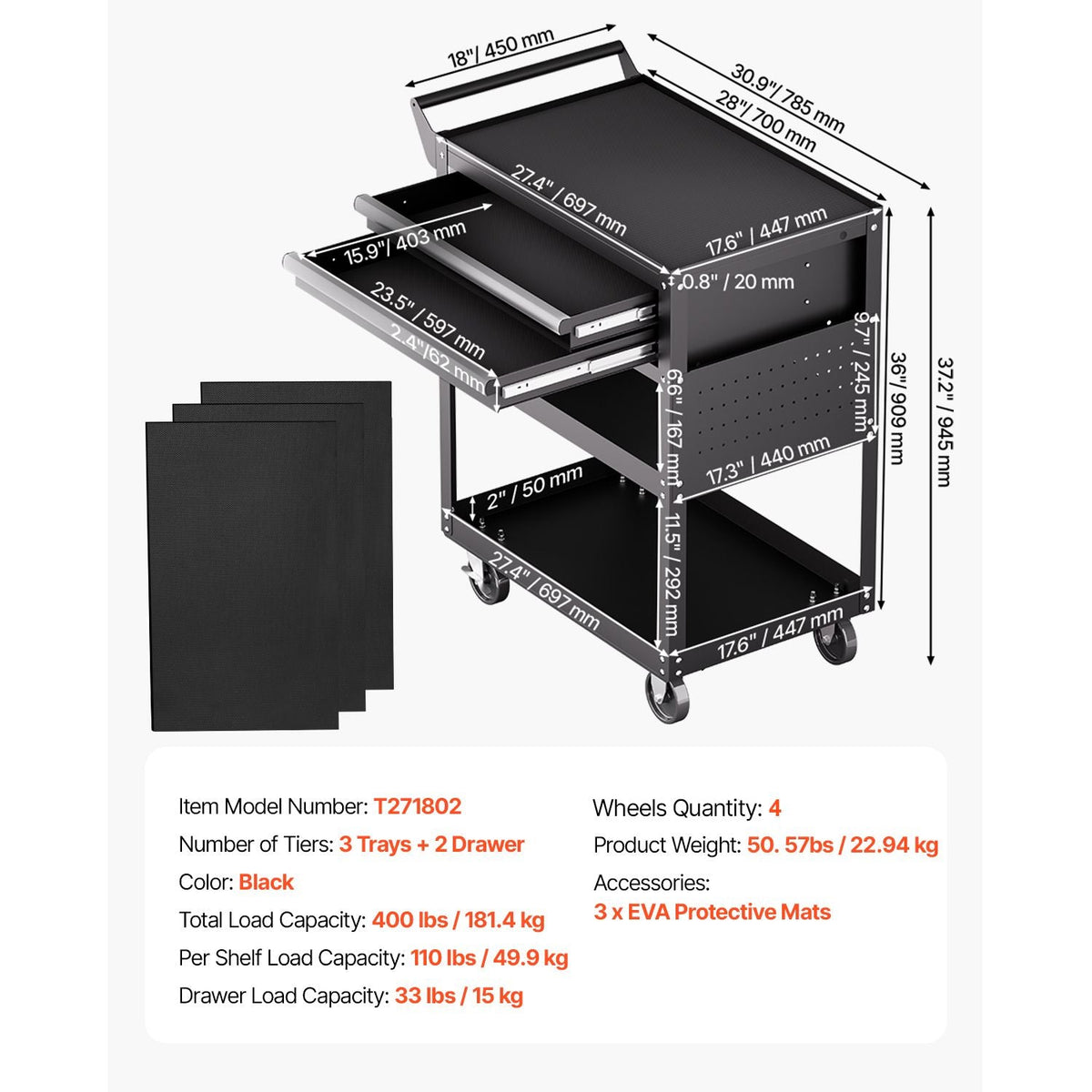 5-Tier Tool Cart with Wheels, 400 lbs Load Capacity, Rolling Work Cart with 2 Drawers & Pegboard, Mechanic Tool Storage Organizer with Locking System for Garage, Warehouse and Repair Shop, Black
