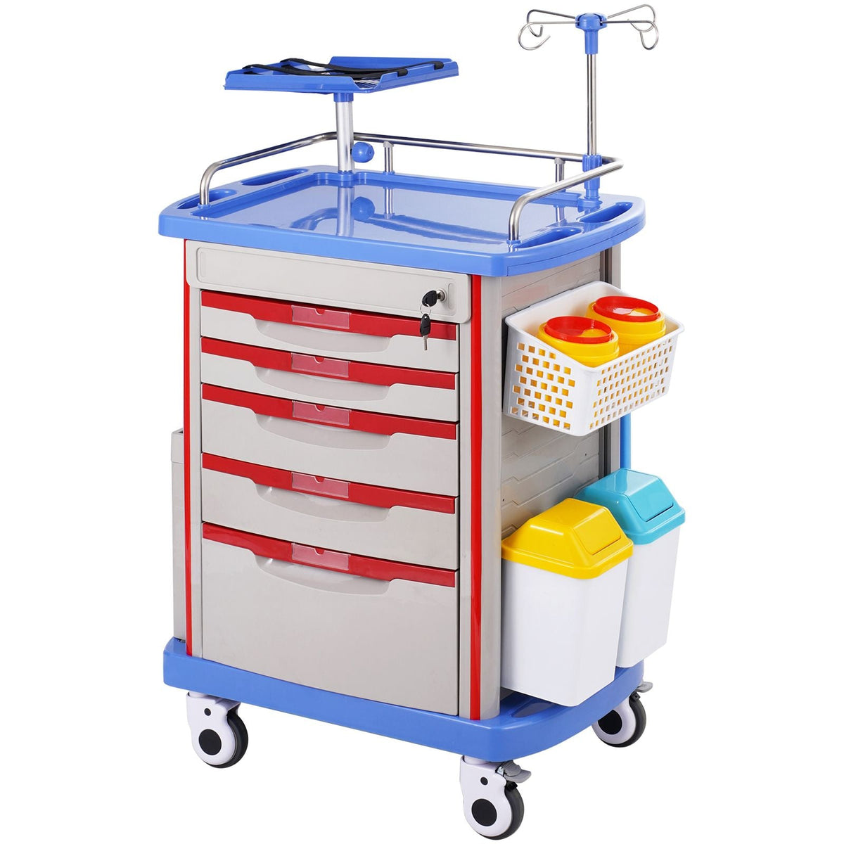 5 Tiers Lab Carts, Lab Utility Cart with 5 Drawers & 4 Silent Wheels, Mobile Medical Cart with PP Material, Lab Rolling Cart with 2 Trash Cans for Lab, Clinic, Hospital, Salon, Blue
