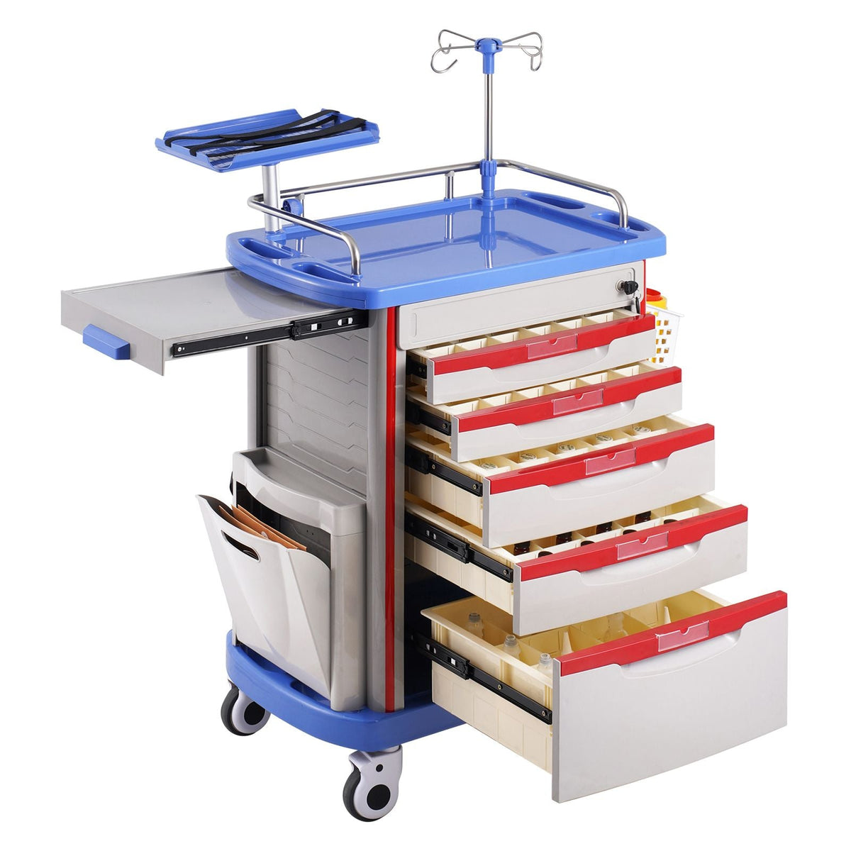 5 Tiers Lab Carts, Lab Utility Cart with 5 Drawers & 4 Silent Wheels, Mobile Medical Cart with PP Material, Lab Rolling Cart with 2 Trash Cans for Lab, Clinic, Hospital, Salon, Blue